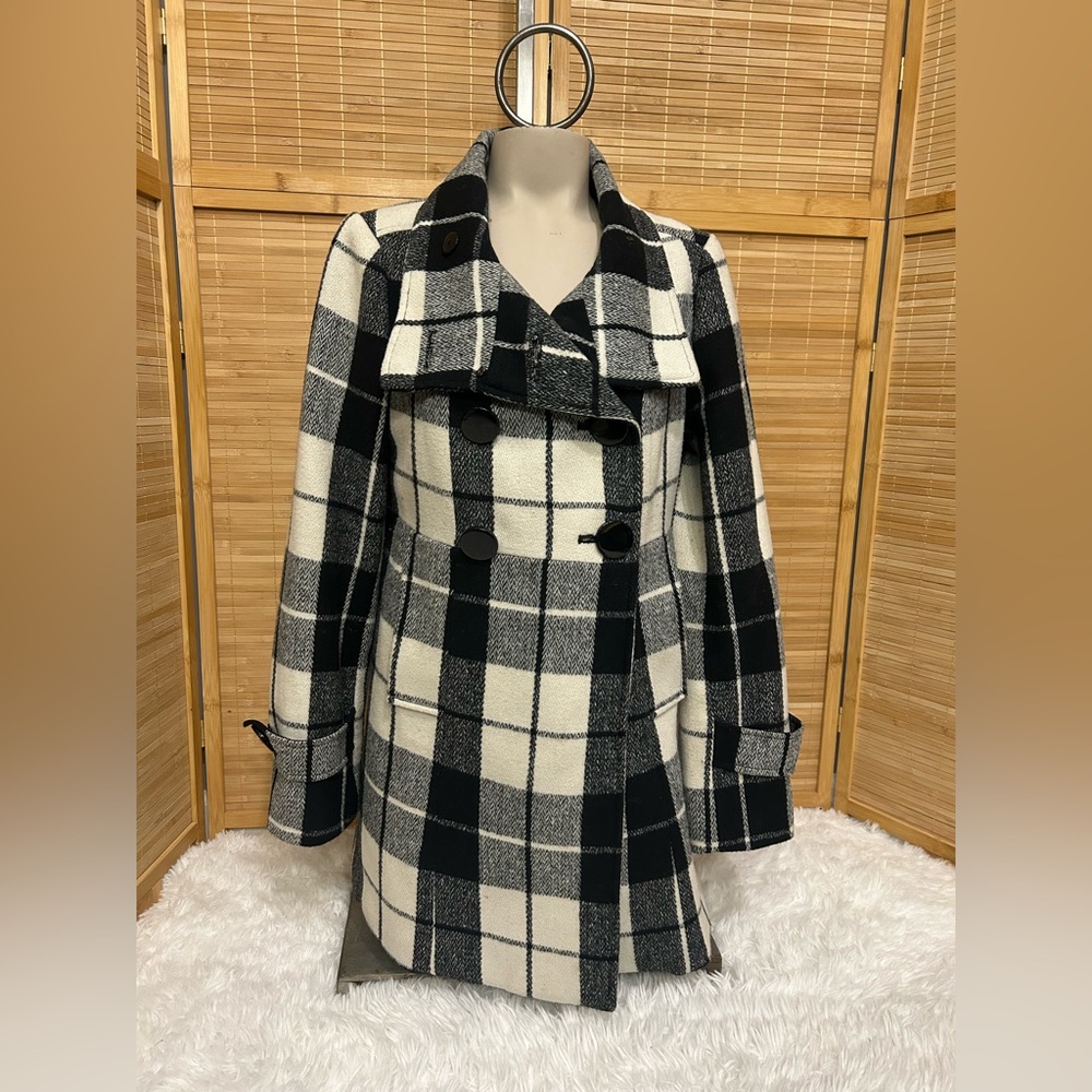 Forever 21 black white plaid wool blend pea coat jacket woman’s medium